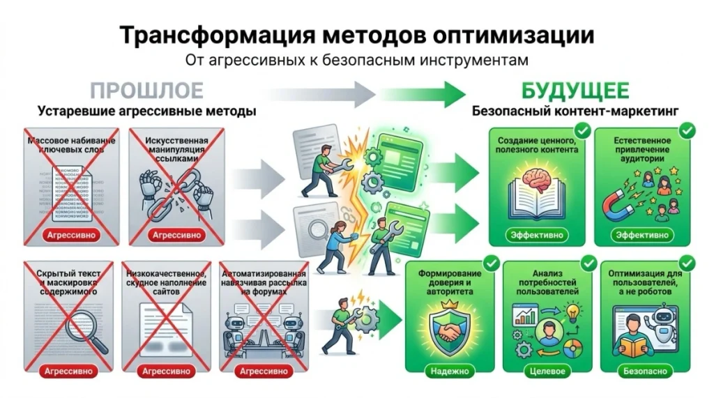 Риски использования запрещенных методов поисковой оптимизации Описание: Разбираем последствия использования запрещенных методов оптимизации в 2026 году. Как алгоритмы выявляют нарушения и как защитить проект от конкурентов.